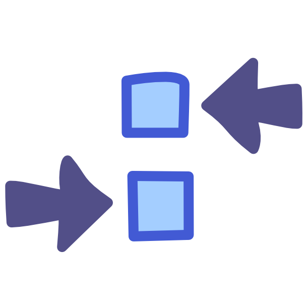 Two blue squares with dark line art stacked vertically have dark purple arrows pointing at them. The arrow pointing at the bottom square points from the left, the one on the top points from the right.